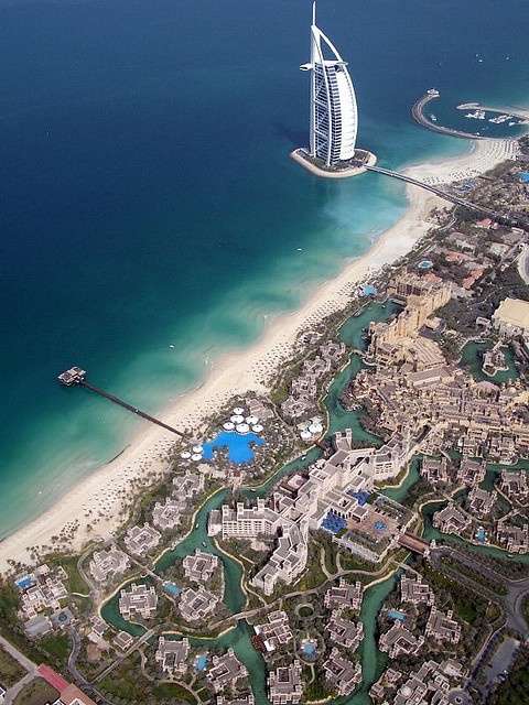 Photo:  Aerial view of the Burj Al Arab and Madinat Jumeirah